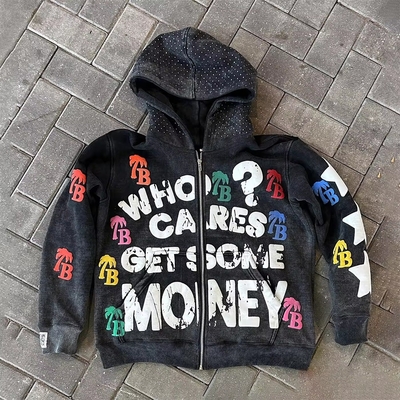 ซื้อ ซิปเปอร์ พัฟ พิมพ์ Hoodie วินเทจ ล้าง 500gm หนัก Oversized แฮมสด online manufacture