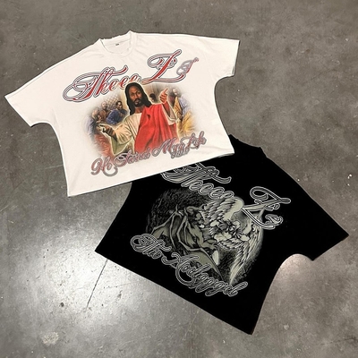 ซื้อ เสื้อสีดํากล่อง DTG Print Logo เสื้อไฮปฮอป เสื้อถนน เสื้อT ชาย ผู้หญิงในผ้าหัดหนัก online manufacture
