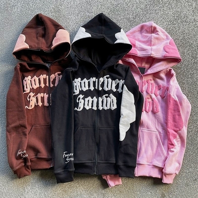 ซื้อ ชาย Hoodie หน้าเต็ม Zip Up Hoodie พับพิมพ์น้ําตาล หนักฝรั่งเศส Terry ผ้า online manufacture