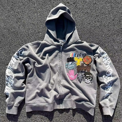 ซื้อ ต้นฤดูใบไม้ผลิ Custom ผู้ชายหิน Acid Wash ตัดกล่องขีดขีด zip ขึ้น hoodie ขีดขีดเสื้อสวีทวินเทจ online manufacture