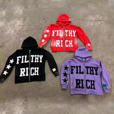 ซื้อ การขีดขีดคู่ Hoodies เสื้อถนนฤดูใบไม้ผลิ 400gsm แปช์ผ้าปูน ล้างกรด แปช์แดด ลดสี Zip Up Hoodie ตัด online manufacture