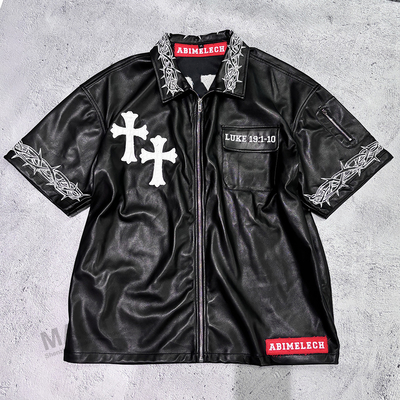 ซื้อ ชุดไฮปฮอป ชาย แพทช์ แต่งผ้า เสื้อยืดผู้ป่วย ชาย ซิปอัพ บ็อกซี่ฟิต สั้นแขน เสื้อยืดหนัง PU online manufacture