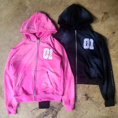 ซื้อ ชายแบบ Custom 100% ผ้าใบ หนักกระเบื้อง Hoodie สีขีดหิน Rhinestone ล้างแดด ผ่อนคลาย Zip Up Hoodie ความทุกข์ online manufacture