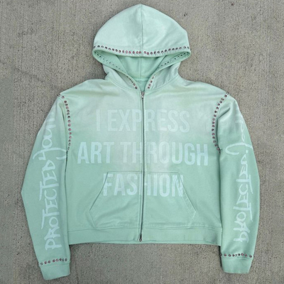 ซื้อ ซีปอัพเพชรเพชรเพชร หนัก Hoodie วินเทจ ล้างกรด Baggy Boxy Fit ตัดหินหิน Hoodie online manufacture