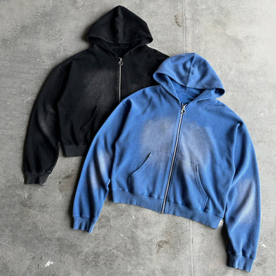 ซื้อ Custom 400gsm Heavyweight Blank Oversized Boxy Fit Zip Up Vintage Sun Faded Acid Wash Waffle Hoodie for Men online manufacture