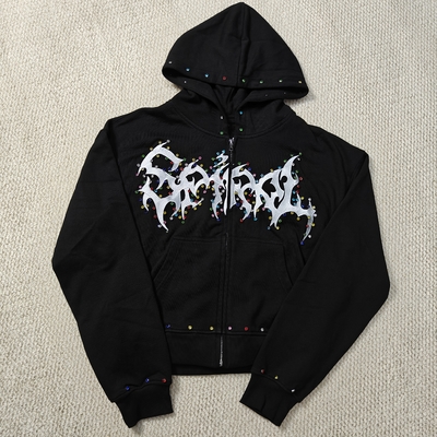 ซื้อ Custom Distressed Embroidery Boxy Cropped Zipper Streetwear 400 gsm 600gsm Men Zip up Heavyweight Rhinestone Hoodie online manufacture