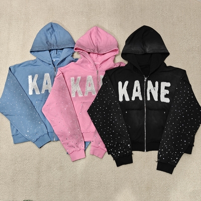 ซื้อ Custom 2025 New Dirty Washed Mens hoodies Y2k Streetwear Vintage Distressed Applique Embroidery Rhinestone Zip up Hoodie online manufacture