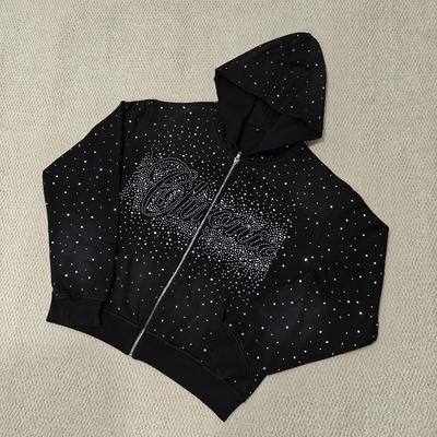 ซื้อ Custom Bulk Luxury Shining Gemstone Oversized Rhinestone Zip up Hoodie Acid Wash Vintage Streetwear Zipped Hoodie for Men online manufacture