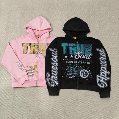 ซื้อ Custom DTG Screen Printing Boxy Heavyweight Zipper Jackets Cotton Distressed Rhinestone Zip up Men Hoodie online manufacture