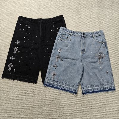 ซื้อ Clothing Manufacturers Custom Streetwear Rhinestone Vintage Black Jeans Shorts Rhinestone Denim Shorts Jorts for Men online manufacture