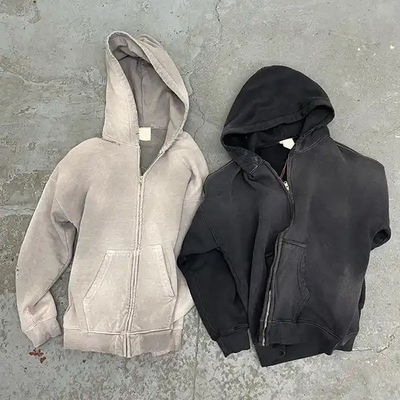 ชาย วินเทจ แอนด์แซด วอช ซัน เผาเสื่อม วิตกกังวล เต็มซิปขึ้น Hoodie หนักแตรนซ์เทอร์รี่