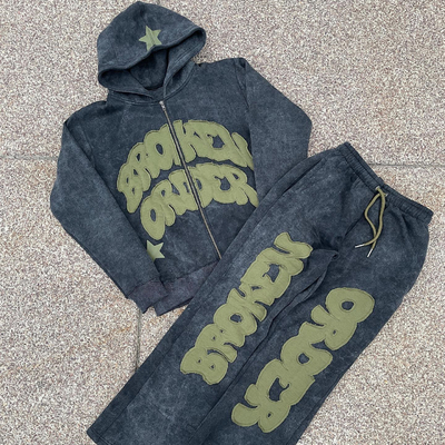 วินเทจ Distressed Patch Applique Embroidery Hoodie Set พร้อมตัวเลือกสีที่สามารถปรับแต่งได้