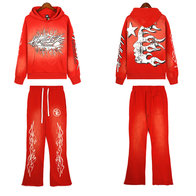 ชุดออกกําลังกายสําหรับผู้ชาย 100% ผ้าใบเทอร์รี่ฝรั่งเศส Hoodie และ Flare Sweatpants ชุด