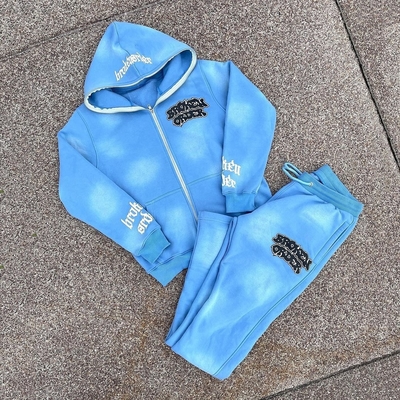 แผ่นฉลาก ยูนิเซ็กซ์ ชาย Hoodies เซ็ท Custom เต็มซิปขึ้น Hoodie ชุดออกกําลังกาย Acid Wash Sweatsuit