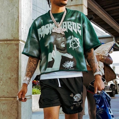 เสื้อถนนสตริทเดทสําหรับผู้ชาย วินเทจ แซด วอช ซัน เบาๆ แร่ ฮีม โบ๊กซี่ ฟิต ท็อป