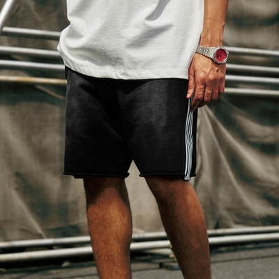 ล้างสีเบา 2024 Summer Side Stripe กางเกงสั้นเทอร์รี่ฝรั่งเศส แปรงผ้าวินเทจ
