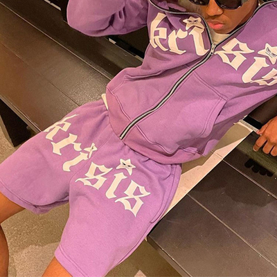สีสันดี ชุดกีฬาสู้รบ ความทุกข์ยาก การขีดข้อมูลอัดสั้น Hoodie Set ฝรั่งเศส เทอร์รี่ 3D พิมพ์