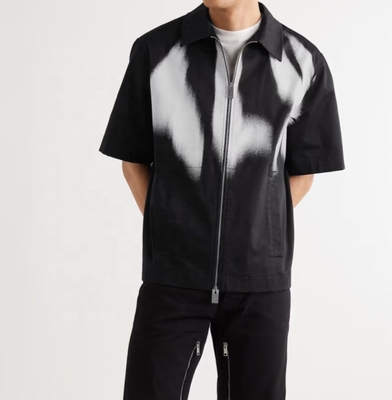 ชาย Casual Heavyweight Cotton Black Print Zip Up Shirt S-5XL หรือสไตล์ฮิปฮอปตามสั่ง