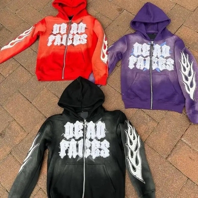 หินล้างชาย Vintage ตัดและเย็บ ความทุกข์รุนแรง แต่งผ้า แพทช์แดดเบา สีม่วง Zip Up Acid Wash Hoodie