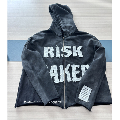 ชายชุดหนัก 400 กรัม วินเทจแอซิดล้างซิปขึ้น Hoodie ด้วยพริ้วรอย