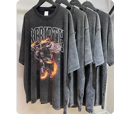 เสื้อเที ชาย ผ้าม่านไหม พิมพ์ขนาดใหญ่ วินเทจ สะดวกสบาย ผ้าเช็ดกรด