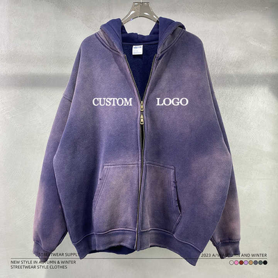 วินเทจแอซิดล้างแดดลดสี สงสัย ซิปอัพ Hoodie ขาวสําหรับสตริทวอเรอร์โลโก้