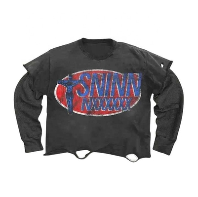 เสื้อยืดแขนยาวแบบสั่งซื้อ วินเทจ ล้างฉีก 250Gsm เสื้อยืด 2 ชั้น 100 แปลง