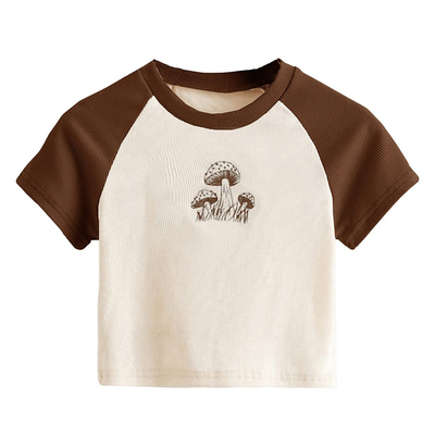 เสื้อกีฬาผสมกราฟิคสําหรับผู้หญิง มีรูปแบบเห็ดน่ารักและแขนรังแกลลาน