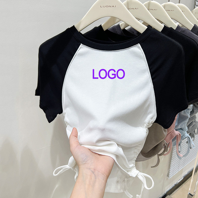 Custom Y2K Ribbed Cotton Contrast Color Crop Top สายดึงส้นสั้น สายแขนสั้น ผู้หญิง