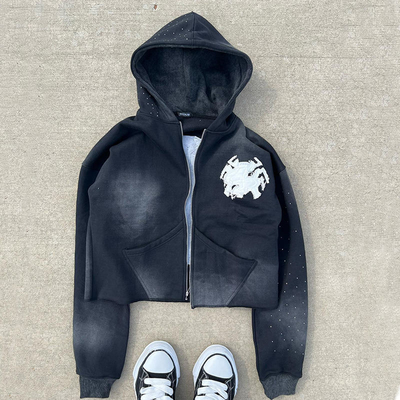 Zip Up Acid Wash Hoodies สีขีดขนทับความลําบาก Applique Custom French Terry Crop Top