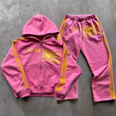 การพิมพ์สกรีนตามสั่ง สายล็อกโก้ ชุดออกกําลังกาย วินเทจ ล้างกรด ซีปขึ้น Hoodie และ Jogger กางเกงเหงื่อ