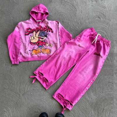 เสื้อผ้าถนน หินหินริน ซีปขึ้น Hoodie กางเกงเหงื่อ ชุดกรดล้างชาย ชุดออกกําลังกายแดดเบา ชุดออกกําลังกายผู้ชาย