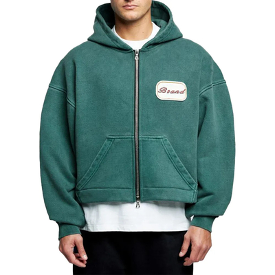 โลโก้ที่กําหนดเอง แพทช์ แอพลิเคชั่น แต่งผ้า หนัก 600 gsm Hoodie Baggy Boxy Cropped Acid Wash Double Zipper Hoodie