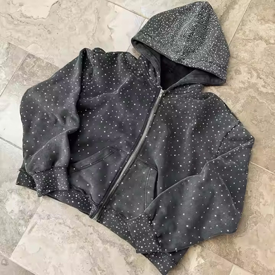 Oem หนัก ซิปเปอร์ Hoodie Custom 100% ผ้าใบเทอร์รี่ Hoody Sweatshirt เสื้อถนน Rhinestone ซีปขึ้น Hoodie สําหรับผู้ชาย