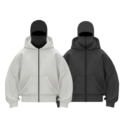 ผู้ผลิต แพทช์เวิร์คผ้าใบผ้าหอมหนัก double hood full zip up balaclava hoodies custom ninja masked men hoodie ชายที่สวมหน้ากาก
