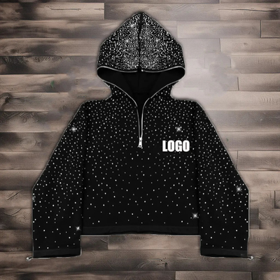 เสื้อผ้าถนนตามสั่ง 380 500gm ผู้ชายฝรั่งเศสเทอร์รี่วัวกระดูกหนังทั่วไป พิมพ์ rhinestone กล่องตัดหน้าเต็มครึ่งzip ขึ้น hoodie ผู้ชาย