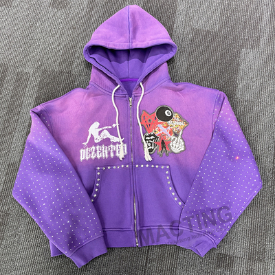 สตรีทวอเรทคาสต์ วินเทจ ล้าง Hoodies แสงแดดเสื่อม Patchwork สต็อต Rhinestone กล่องตัดซิปขึ้น Hoodie สําหรับผู้ชาย
