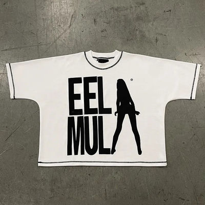 ชุด T เสื้อกันสีขาวลายขัดแย้ง 300Gsm หนัก ผ้าใบผ้าใบ ชุด T เสื้อตัดผู้ชาย